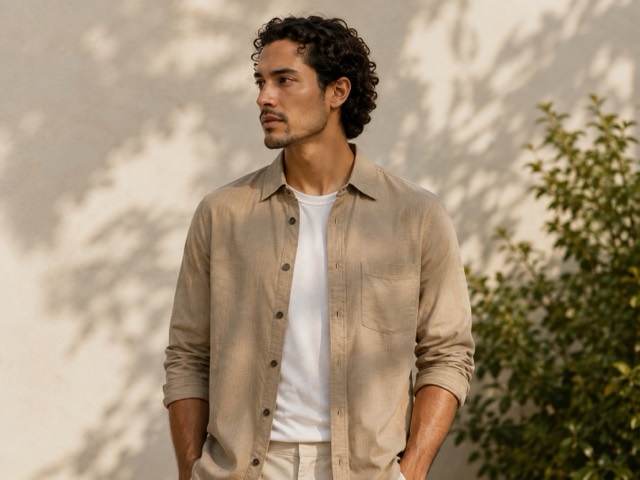 A cotton overshirt against a sunlit wall