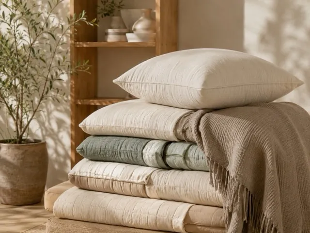 Folded throws and cushions on a shelf