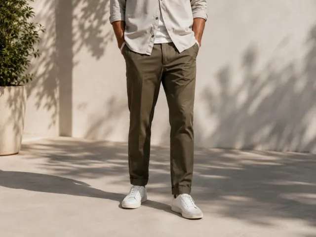 Woven trousers walking a plain wall