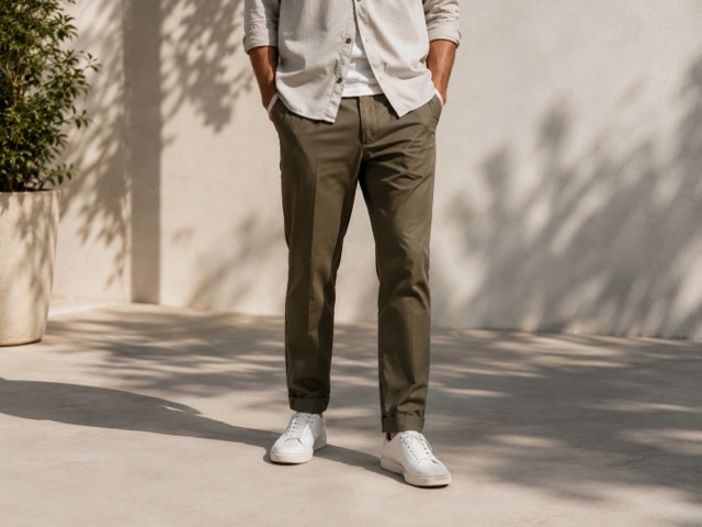Woven trousers walking a plain wall