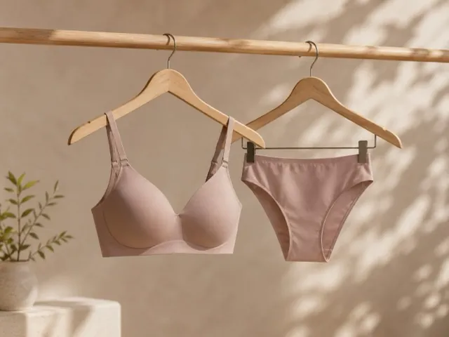 Innerwear on hangers against cream
